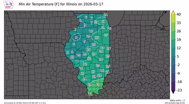 map of illinois with blue and green colors showing low temperatures across the state