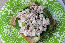 Tuna salad on bread on green plate