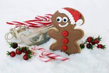gingerbread cookie and red and white striped candy cane