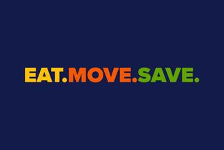 navy blue box with EAT in gold, MOVE in orange, and SAVE in green