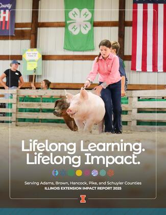 4-H member showing her swine project, highlighting the cover of the 2025 annual report
