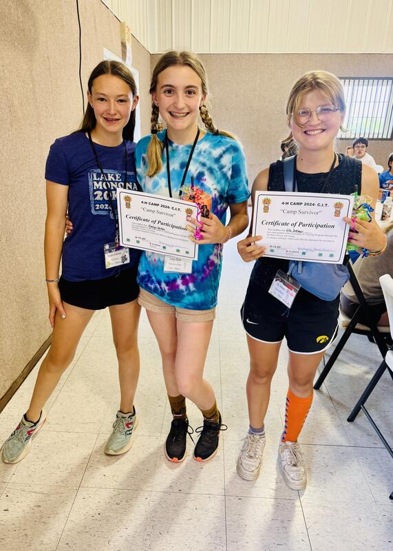 Annalee Anderson, Evelyn Noller, and Ella Dittmar, Jo Daviess County 4-Hers, completed the Counselor in Training (CIT) opportunity available to campers 14 years old and planning to apply to be a camp counselor in the future.