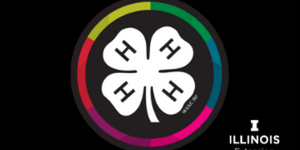 Colorful Circle around 4-H Clover, U of I Logo, on Black Background