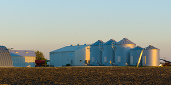 Grain bins and shed in the sunset
