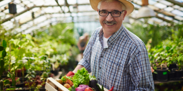 man in hoop house holding vegetables