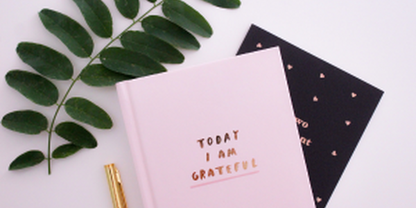 Pen and gratitude journal titled "Today I Am Grateful" lying next to a plant leaf
