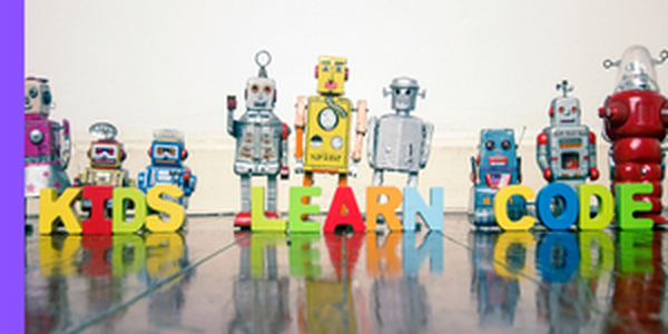 groups of robots behind the words kids learn code