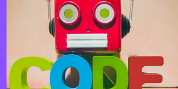red square robot head with the word code in front