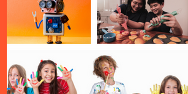 a robot, a boy frosting cupcakes with his mom, kids with paint on their hands