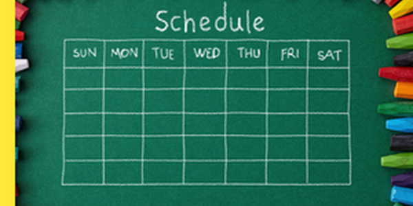 a blank calendar on a chalkboard with the word schedule at the top. colorful chalk along the outside as a border.