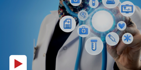 doctor in lab coat with health icons circling