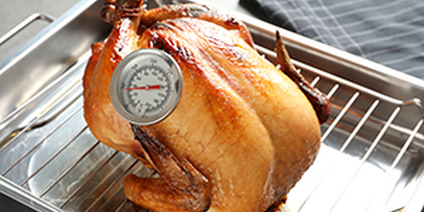 Roasted turkey with meat thermometer inserted