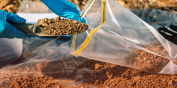 A person shoveling a scoop of soil into a plastic bag.