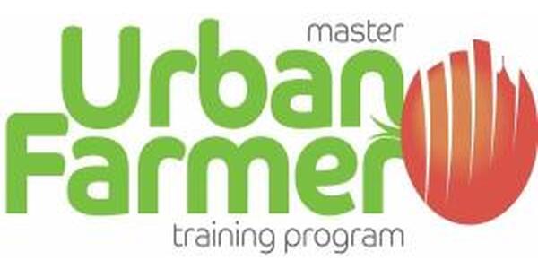 master urban farmer logo green text with sliced red tomato