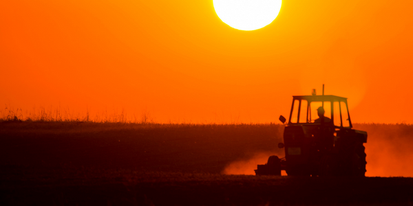 farmer plowing at sunset