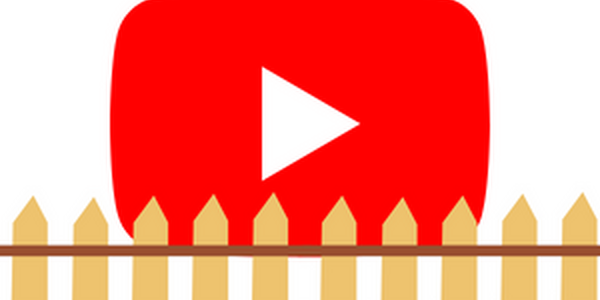 A red rectangular oval with a white play button in the center behind a picket fence.