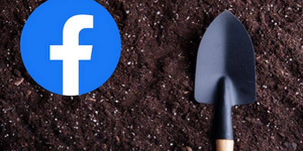 The facebook icon overtop of an image of a hand trowel laying on potting soil