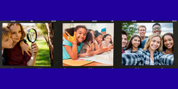 film strip on a blue background with three photos of young people