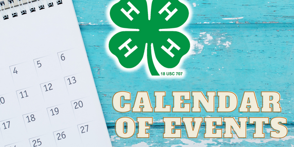 blue barnwood background with half of calendar page showing with 4-H Clover and "Calendar of Events"