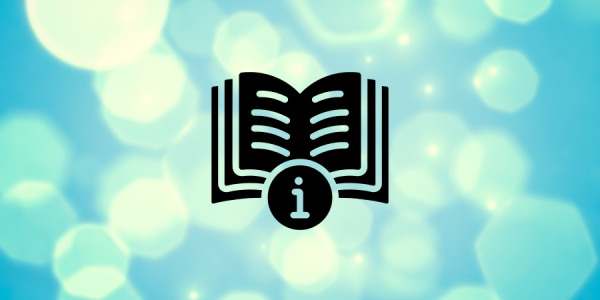 A graphic of an open book with an information button below.