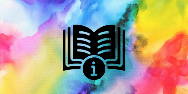 A graphic of an open book over a watercolor background.