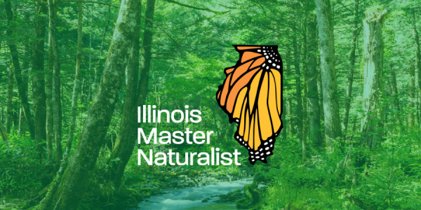 Illinois Master Naturalist logo in front of forest with stream.