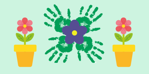 Graphic of potted plants with an image of handprints and a flower in the center.