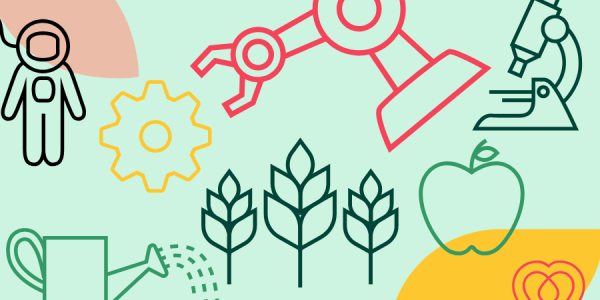 A collage of graphics including a robotic arm, watering can, apple, heart, and crops.