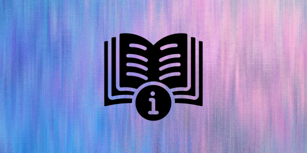 A graphic of an open book with an information button below.