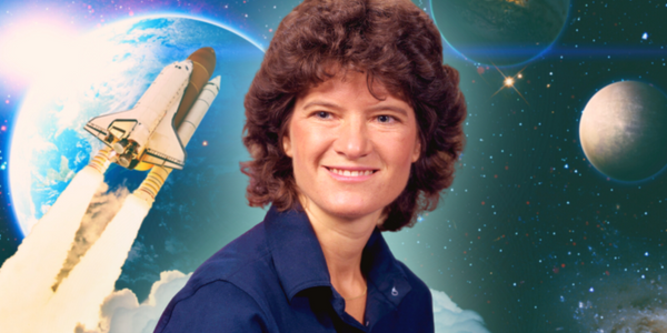 Image of Sally Ride with background of outer space, planets, and NASA spaceship