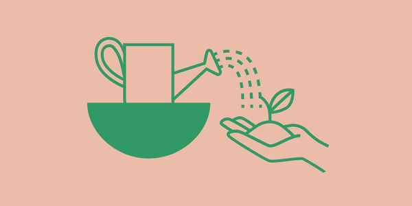 A graphic of a watering can going onto a plant in a hand.