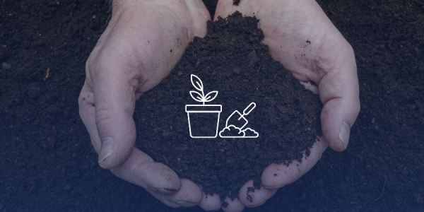 A person with their hands in the soil and a graphic of gardening tools.