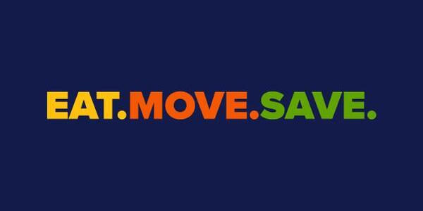 navy blue background with EAT in gold, MOVE in orange, and SAVE in green.