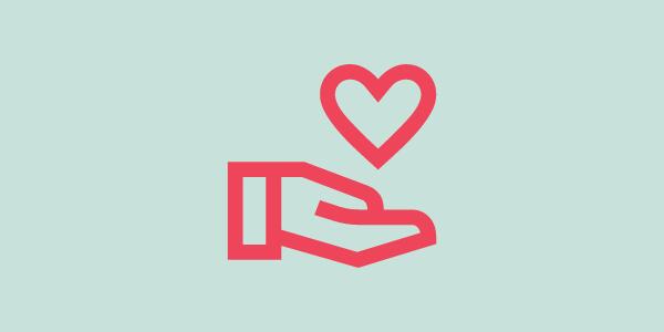 pink line art of open palm with floating heart on mint blue background
