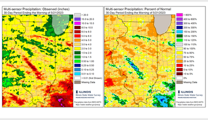weather map of Illinois showing normal vs observed precipitation levels