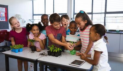 a group of children stand at a table full of potted plants in a classroom