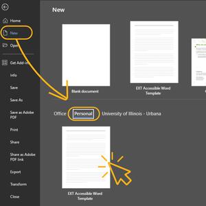 screenshot of options in Word for opening a custom template 